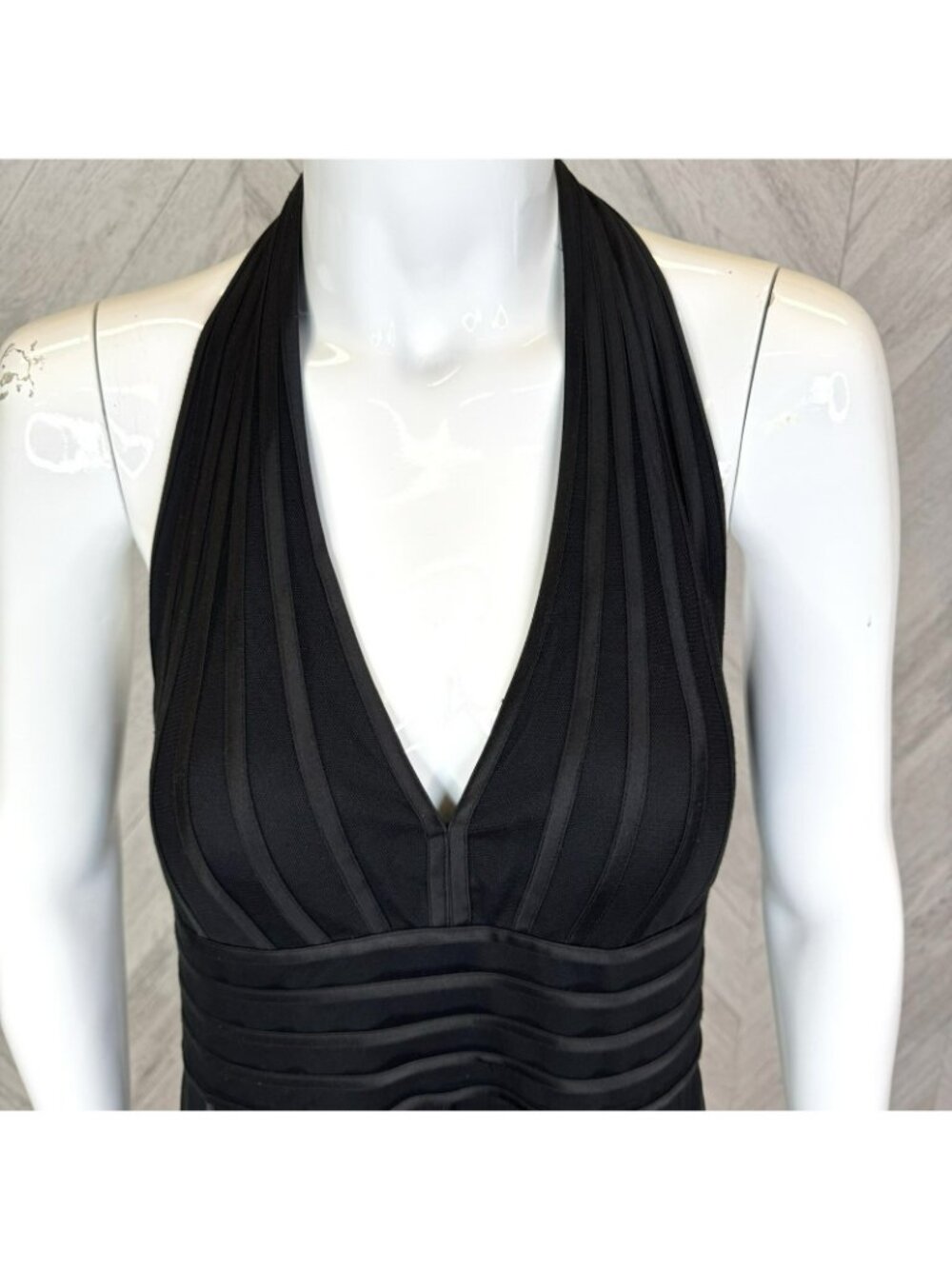 Vintage Y2K Halter Cocktail Dress Womens Size 12 Black Mesh Overlay Midi Empire - Picture 2 of 6